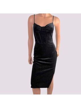 90s Black Corset Goth Prom Dress Vamp Velvet Glitter WhimsiGoth Bodycon M